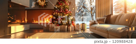 Cozy living room with Christmas tree, fireplace and wintery window view 120988428