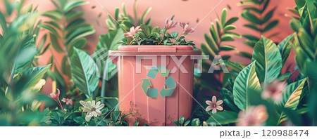 Pink recycle bin surrounded by lush green foliage. 120988474