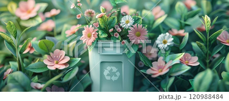 A green recycling bin surrounded by pink flowers in a lush garden. 120988484
