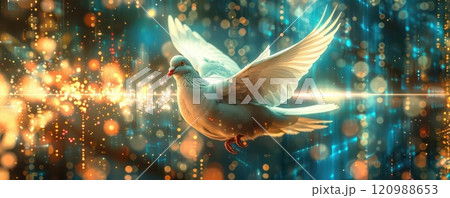 White dove with outstretched wings soaring through a field of sparkling lights. 120988653