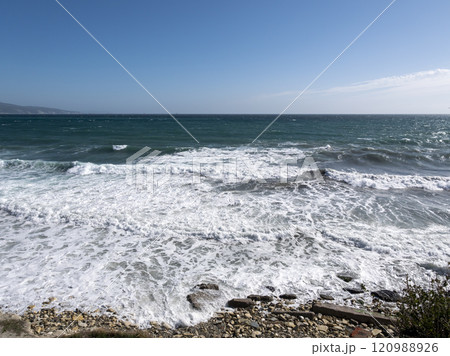 View of a stormy seascape of waves and the Black Sea 120988926