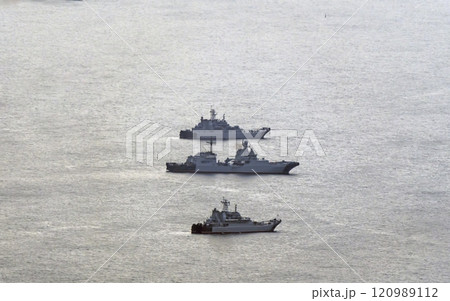NOVOROSSIYSK, RUSSIA 30 JULY 2021 Celebrating the day of the Russian Navy Patrol ship in the roadstead NOVOROSSIYSK, RUSSIA 30 JULY 2021 Celebrating the day of the Russian Navy Patrol ship in the roadstead 120989112