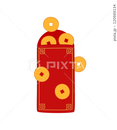 Angpao with coins isolated vector elements. Asian festive red envelope with ornament. Traditional gift money for Lunar New Year, wedding and other celebrations. Flat illustration 120989134