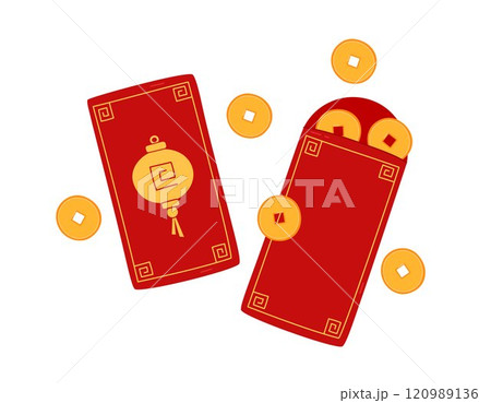 Angpao red envelope with coins vector isolated elements. Asian festive envelope with ornament. Traditional money gift for Lunar New Year, wedding and other occasions. Flat illustration 120989136