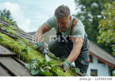 Worker repairing roof tiles covered in moss Worker repairing roof tiles covered in moss 120989166