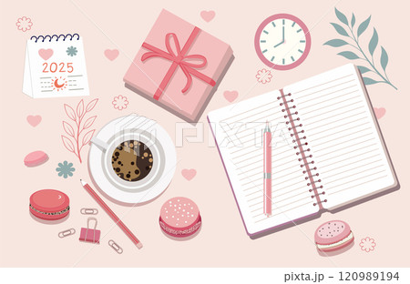 Top view of office desk with cup of coffee, macaron, office supply Top view of office desk with cup of coffee, macaron, office supply 120989194