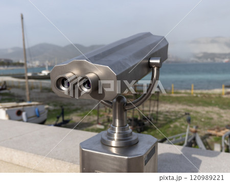 Paid binocular telescope on the tip of the at Black Sea coast in Russia Novorossiysk City 120989221