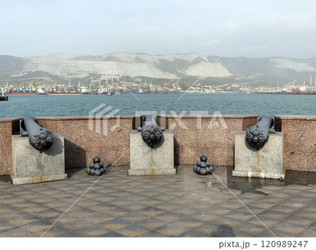 Novorossiysk, Russia 28 August 2024 Three old cannons are directed to sea of Novorossiysk in the Black Sea coast 120989247