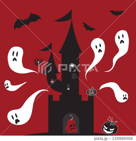 Silhouette of a creepy Halloween castle with ghosts, bats, spiders, pumpkins. Vector illustration on a red background. 120989308