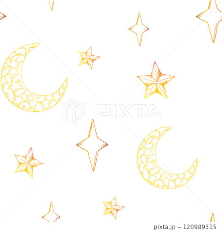 Vector seamless pattern with arabian mosaic, stars, gold crescent moon. Graphic illustration isolated on background. Muslim hand drawn line sketch, holiday Ramadan Kareem or Eid Al Adha 2025. For 120989315