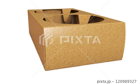 A cardboard container designed with two circular cutouts, likely for holding drinks or cups. 120989327