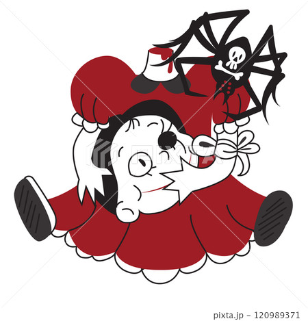 Halloween creepy doll with spider on shoulder. Vector illustration isolated on white background. Halloween creepy doll with spider on shoulder. Vector illustration isolated on white background. 120989371