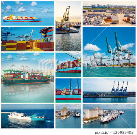 A collage of photos about cargo shipping theme A collage of photos about cargo shipping theme 120989402