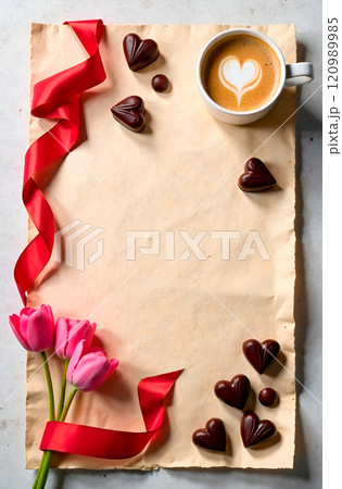 Romantic composition for cafe menus, pastry shops, restaurants or Valentine's Day greetings with pink tulips, coffee with heart-shaped foam, chocolates and blank textured paper 120989985