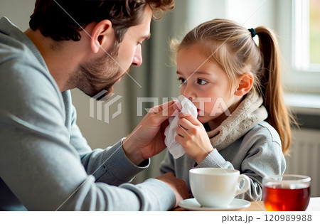 Dad helps his cold-stricken daughter wipe her nose with handkerchief. Care and treatment Dad helps his cold-stricken daughter wipe her nose with handkerchief. Care and treatment 120989988