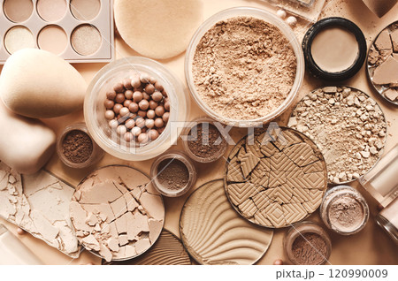 Varieties of face powders and foundations for perfect complexion, basic make up products to even out and matte skin, beauty cosmetics with brushes and sponges, selective focus 120990009