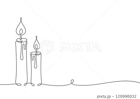 Continuous one line drawing of burning candles. Line art. Holiday illustration Continuous one line drawing of burning candles. Line art. Holiday illustration 120990032