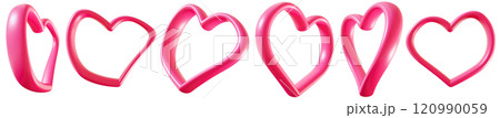 Set of vibrant pink 3D hearts, isolated on white background, various angles and perspectives. Perfect for Valentines Day, romantic designs, social media graphics, love-themed projects. Heart outline. 120990059