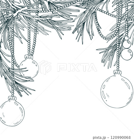 Beads with Christmas balls hanging on chains with pine branches. Line art is a simple hand-drawn illustration in black and white ink. Template, frame, decorative framing vector EPS. Christmas New year 120990068