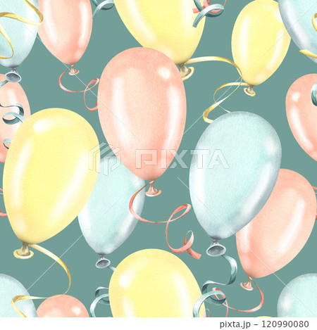 Festive, seamless pattern with balloons of yellow, blue and pink colors on a turquoise background. Watercolor illustration from a large set of HAPPY BIRTHDAY. For decoration and background design. 120990080
