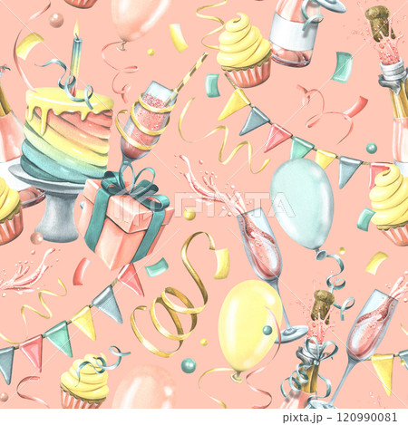 Bright, cheerful, festive, seamless pattern with champagne, cake, gifts, balloons and confetti, flags. Watercolor illustration from the HAPPY BIRTHDAY collection. For packaging paper design 120990081