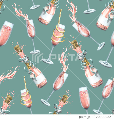 Bottles and glasses with pink champagne, with festive ribbons. Watercolor illustration. Seamless pattern on a turquoise background from a large set of HAPPY BIRTHDAY. For congratulations and gifts 120990082