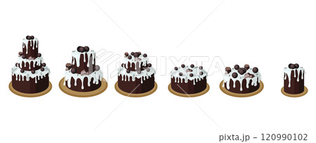 Set of chocolate cakes in cartoon style. Vector illustration isolated on white background. Set of chocolate cakes in cartoon style. Vector illustration isolated on white background. 120990102
