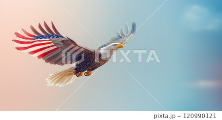 Eagle with American flag wings soaring against in the air. The personification of freedom and independence. Isolated. Pink and blue background with free space for text. Generated by AI Eagle with American flag wings soaring against in the air. The personification of freedom and independence. Isolated. Pink and blue background with free space for text. Generated by AI 120990121