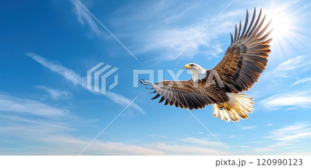Eagle flying in the blue sky. Free space for text. Big bird with spread wings the bird is hovering in the air. Bird's eye view. Symbol of freedom and independence. Generated by AI Eagle flying in the blue sky. Free space for text. Big bird with spread wings the bird is hovering in the air. Bird's eye view. Symbol of freedom and independence. Generated by AI 120990123