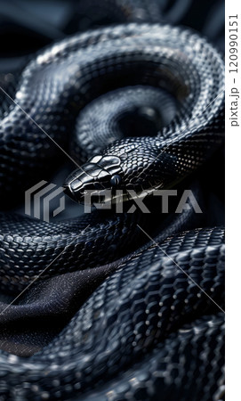Close-up of a black snake with detailed scales and a dramatic lighting effect 120990151