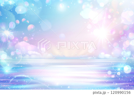 Pastel-colored glittery sky with sparkles, stars, and soft light effects. Cute magic background. 120990156