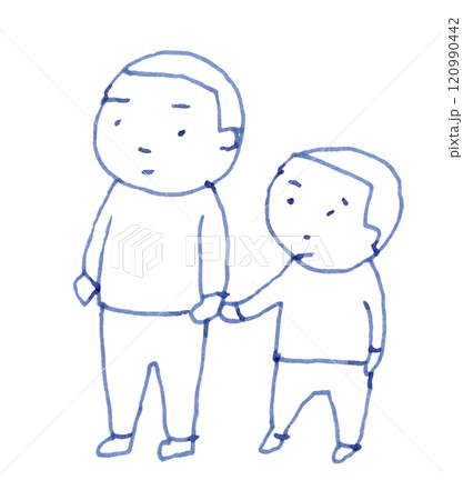 坊主頭の子ども二人の線画イラスト手書き_万年筆ブルーブラック染料インク 120990442