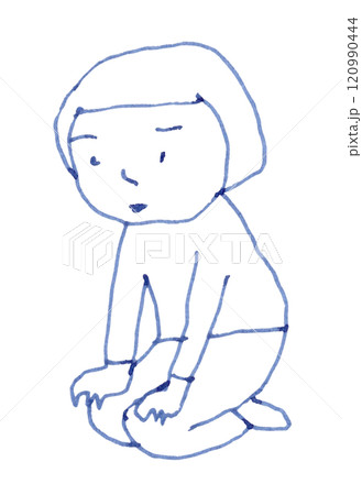 正座をしてうつむき加減のおかっぱ頭の女性の線画イラスト手書き_万年筆ブルーブラック染料インク 正座をしてうつむき加減のおかっぱ頭の女性の線画イラスト手書き_万年筆ブルーブラック染料インク 120990444