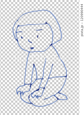 正座をしてうつむき加減のおかっぱ頭の女性の線画イラスト手書き_万年筆ブルーブラック染料インク 正座をしてうつむき加減のおかっぱ頭の女性の線画イラスト手書き_万年筆ブルーブラック染料インク 120990444