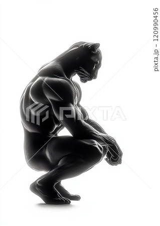 Panther-man thoughtfully sits on his haunches. Muscular body of a man with the head of a wild beast. Isolated on a white background. Generated by AI 120990456