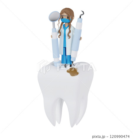 Female dentist with stomatology tools standing on the big tooth with dental caries 3d illustration 120990474