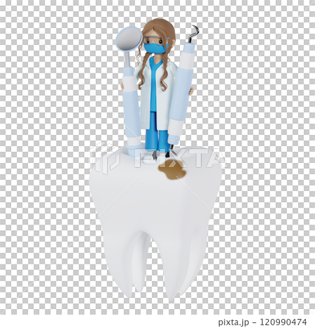 Female dentist with stomatology tools standing on the big tooth with dental caries 3d illustration 120990474