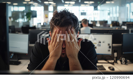 Exhausted Office Worker Takes a Break. Stress, Burnout, and Work-Life Balance in Modern Workspaces Exhausted Office Worker Takes a Break. Stress, Burnout, and Work-Life Balance in Modern Workspaces 120990694