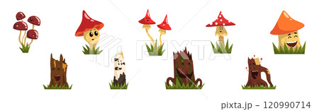 Funny Mushroom Character and Tree Stump with Smiling Face Vector Set Funny Mushroom Character and Tree Stump with Smiling Face Vector Set 120990714