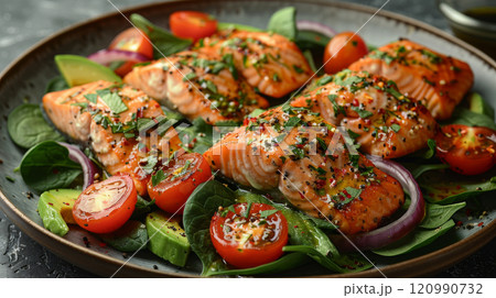Colorful salmon and avocado salad with grilled salmon flakes, creamy avocado, fresh spinach, cherry tomatoes, red onion, drizzled with olive oil and lemon juice 120990732