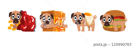 Pug Dog Puppy Character in Fancy Food Outfit Vector Set Pug Dog Puppy Character in Fancy Food Outfit Vector Set 120990765
