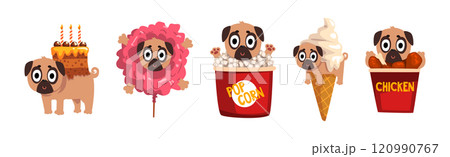 Pug Dog Puppy Character in Fancy Food Outfit Vector Set Pug Dog Puppy Character in Fancy Food Outfit Vector Set 120990767