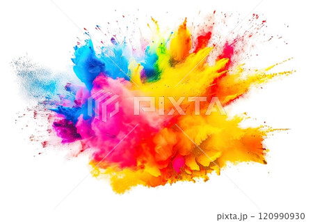 Powerful explosion of colorful rainbow holi powder on transparent background. Saturate paint backdrops, powder splash. 120990930