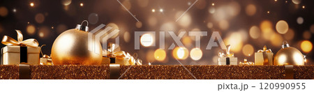 Golden Christmas background with festive gift boxes and Christmas balls. Holiday gold Christmas and New Year banner backdrop with copy space and shiny bokeh 120990955