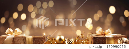 Golden Christmas background with festive gift boxes and Christmas balls. Holiday gold Christmas and New Year banner backdrop with copy space and shiny bokeh 120990956
