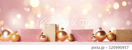 Peach Fuzz holiday Christmas banner with festive gift boxes and shiny Christmas ball. Peach Fuzz color of the year 2024. Holiday background. 120990957