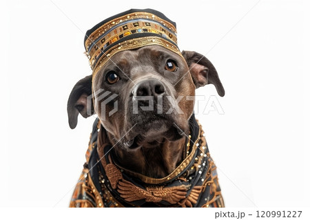 Happy Dog wearing Egyptian Pharaoh costumes, studio lighting, isolated on white background, stock photographic style Happy Dog wearing Egyptian Pharaoh costumes, studio lighting, isolated on white background, stock photographic style 120991227