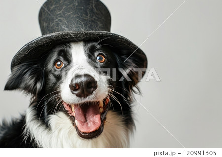Happy Dog wearing Magician costumes, studio lighting, isolated on white background, stock photographic style 120991305