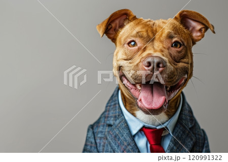 Happy Dog wearing News Anchor costumes, studio lighting, isolated on white background, stock photographic style Happy Dog wearing News Anchor costumes, studio lighting, isolated on white background, stock photographic style 120991322
