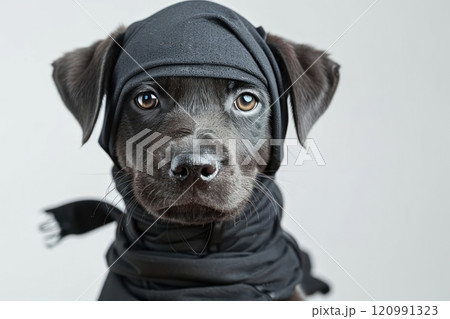 Happy Dog wearing Ninja costumes, studio lighting, isolated on white background, stock photographic style Happy Dog wearing Ninja costumes, studio lighting, isolated on white background, stock photographic style 120991323